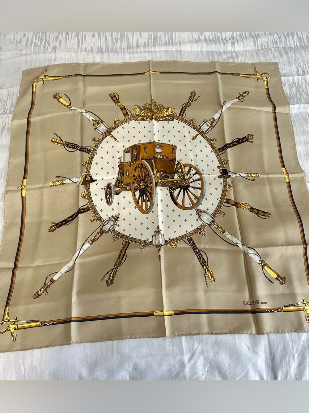 Celine Beige and Gold Carriage Silk Scarf